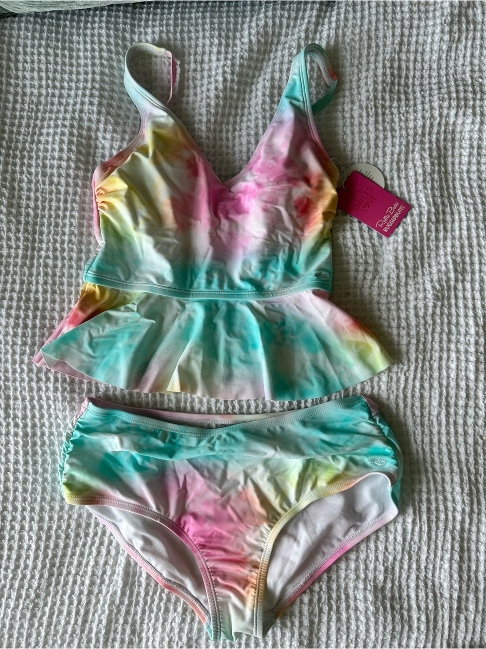NWT RuffleButts Rainbow Tie Dye Peplum Tankini Swimsuit Set Womens S/M UPF 50+